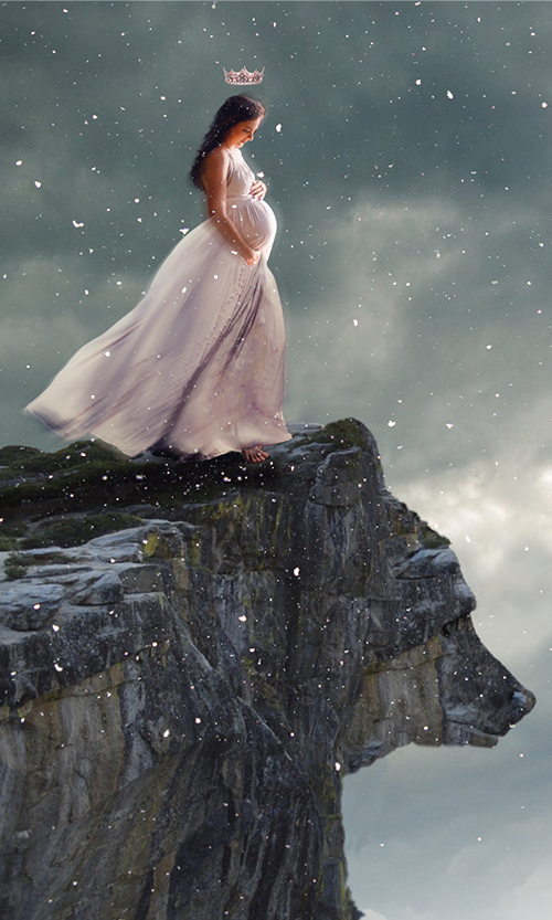 The Winters Tale poster of pregnant woman in a flowing gown stands a top a cliff which is shaped like a head of a bear. Snow is falling
